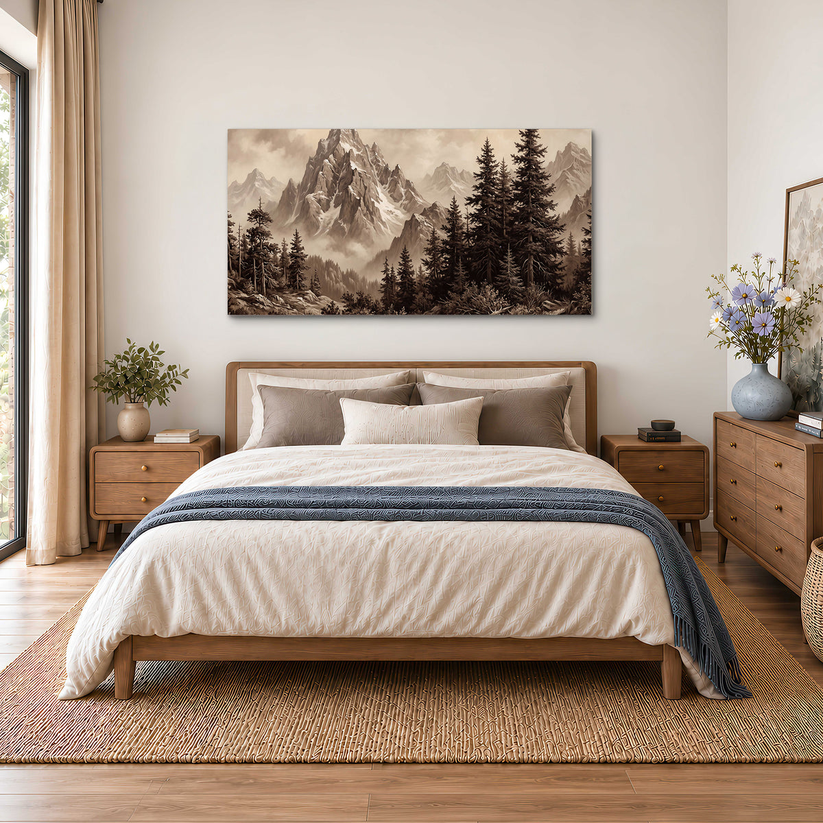 Dramatic mountain peaks framed by evergreen trees single canvas wall art styled in an interior