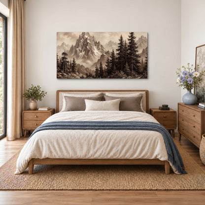 Dramatic mountain peaks framed by evergreen trees single canvas wall art styled in an interior