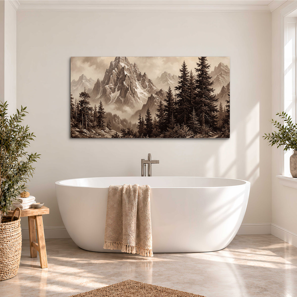 Dramatic mountain peaks framed by evergreen trees single canvas wall art styled in an interior
