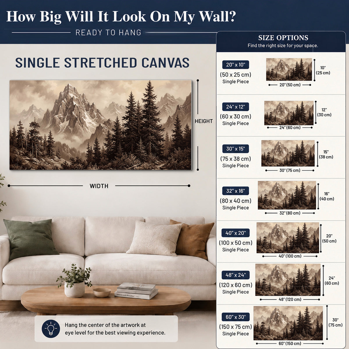 Dramatic mountain peaks framed by evergreen trees single canvas wall art size guide above a sofa; room view is illustrative