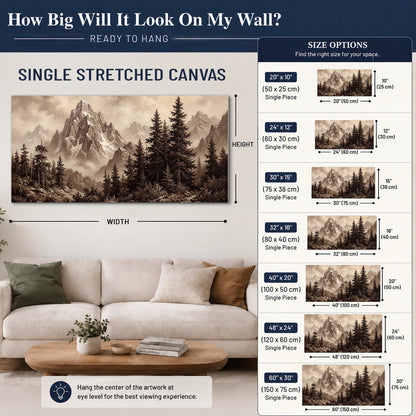 Dramatic mountain peaks framed by evergreen trees single canvas wall art size guide above a sofa; room view is illustrative