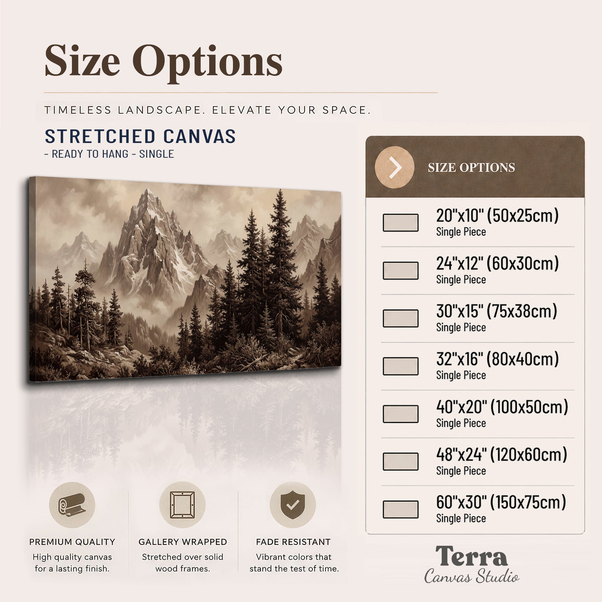 Dramatic mountain peaks framed by evergreen trees single canvas wall art available dimensions