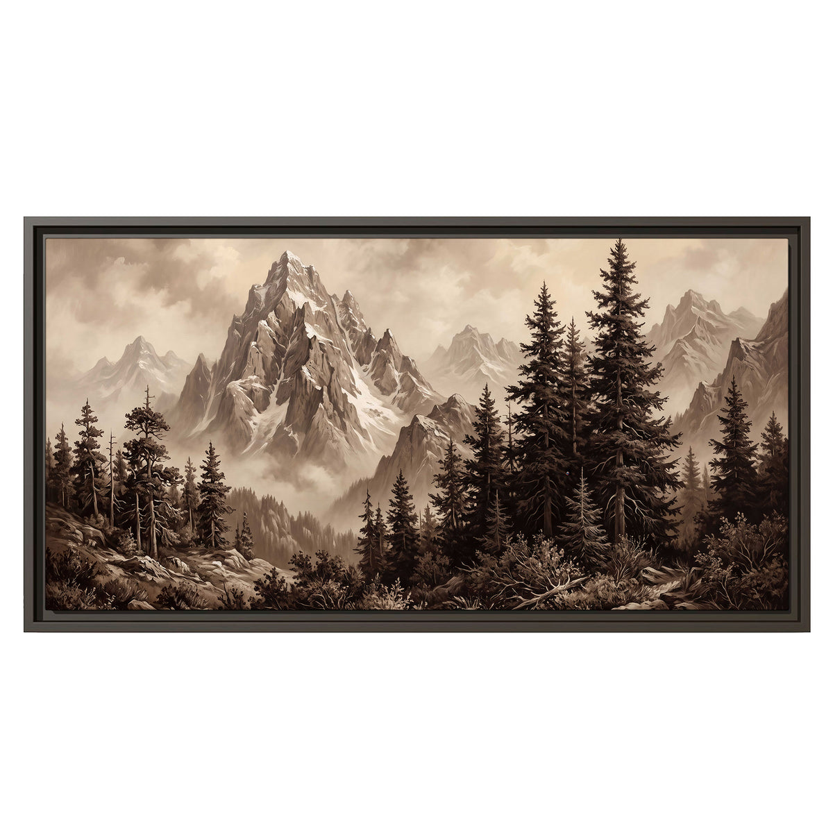 Dramatic mountain peaks framed by evergreen trees single framed canvas wall art viewed straight on