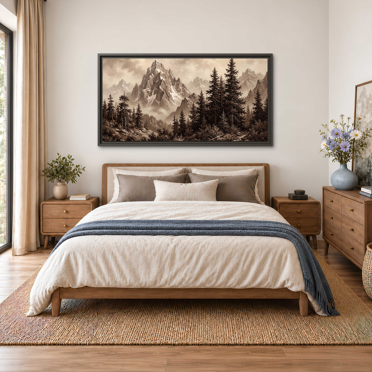 Dramatic mountain peaks framed by evergreen trees single framed canvas wall art styled in an interior