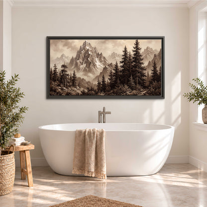 Dramatic mountain peaks framed by evergreen trees single framed canvas wall art styled in an interior