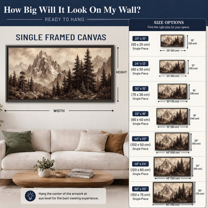 Dramatic mountain peaks framed by evergreen trees single framed canvas wall art size guide above a sofa; room view is illustrative
