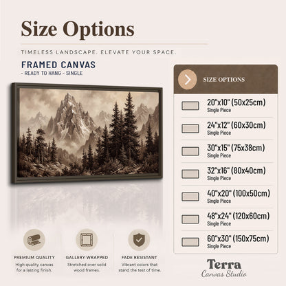 Dramatic mountain peaks framed by evergreen trees single framed canvas wall art available dimensions