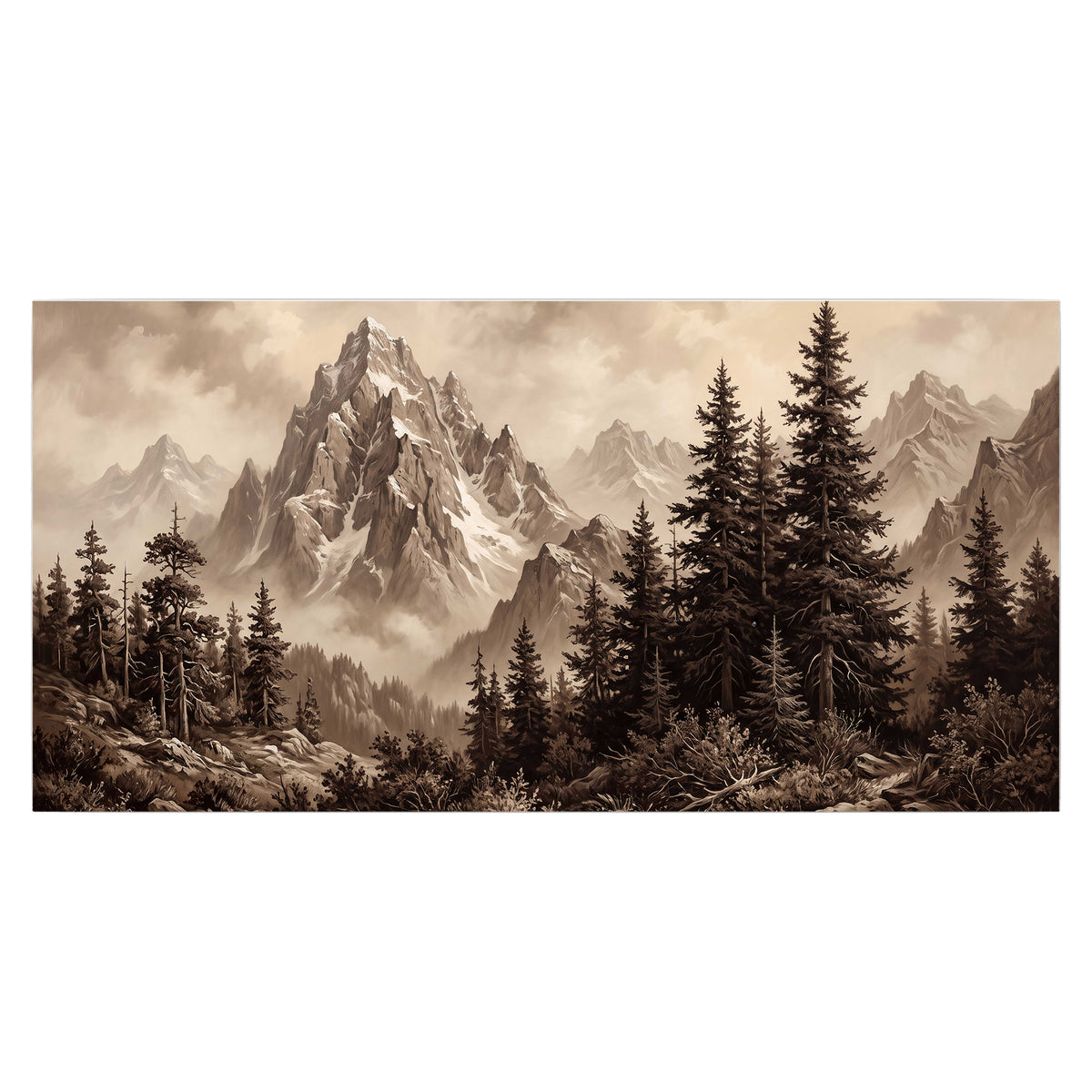 Dramatic mountain peaks framed by evergreen trees single poster print viewed straight on