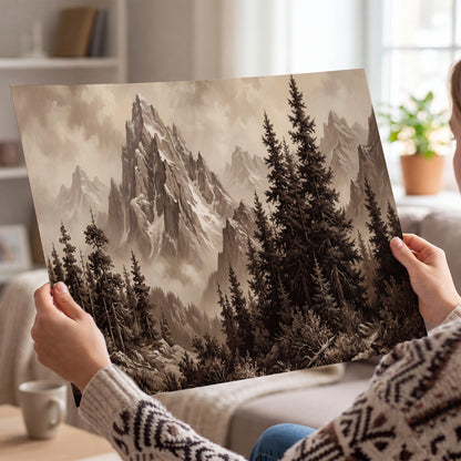 Dramatic mountain peaks framed by evergreen trees single poster print held in hands