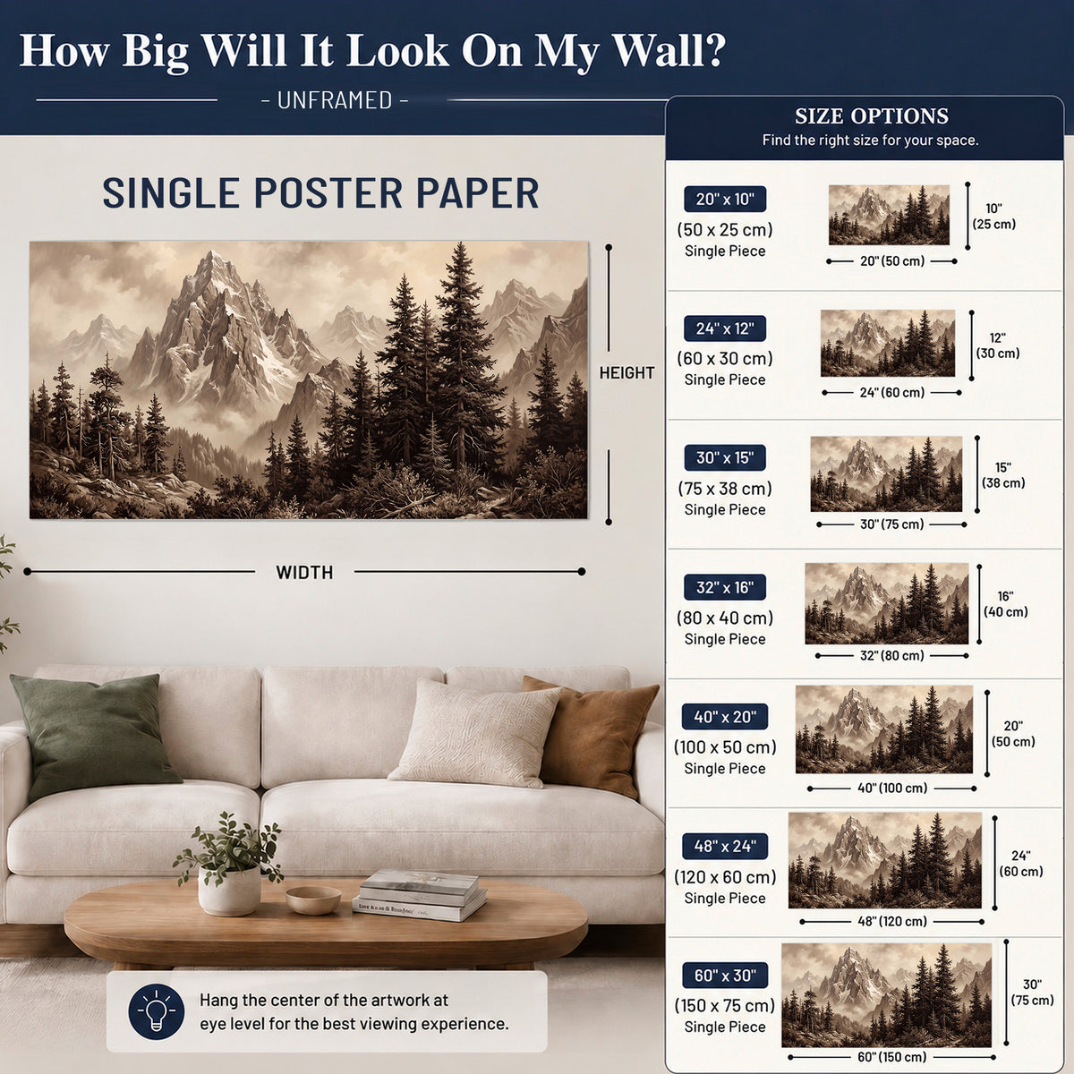 Dramatic mountain peaks framed by evergreen trees single poster print size guide above a sofa; room view is illustrative
