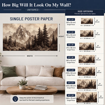 Dramatic mountain peaks framed by evergreen trees single poster print size guide above a sofa; room view is illustrative