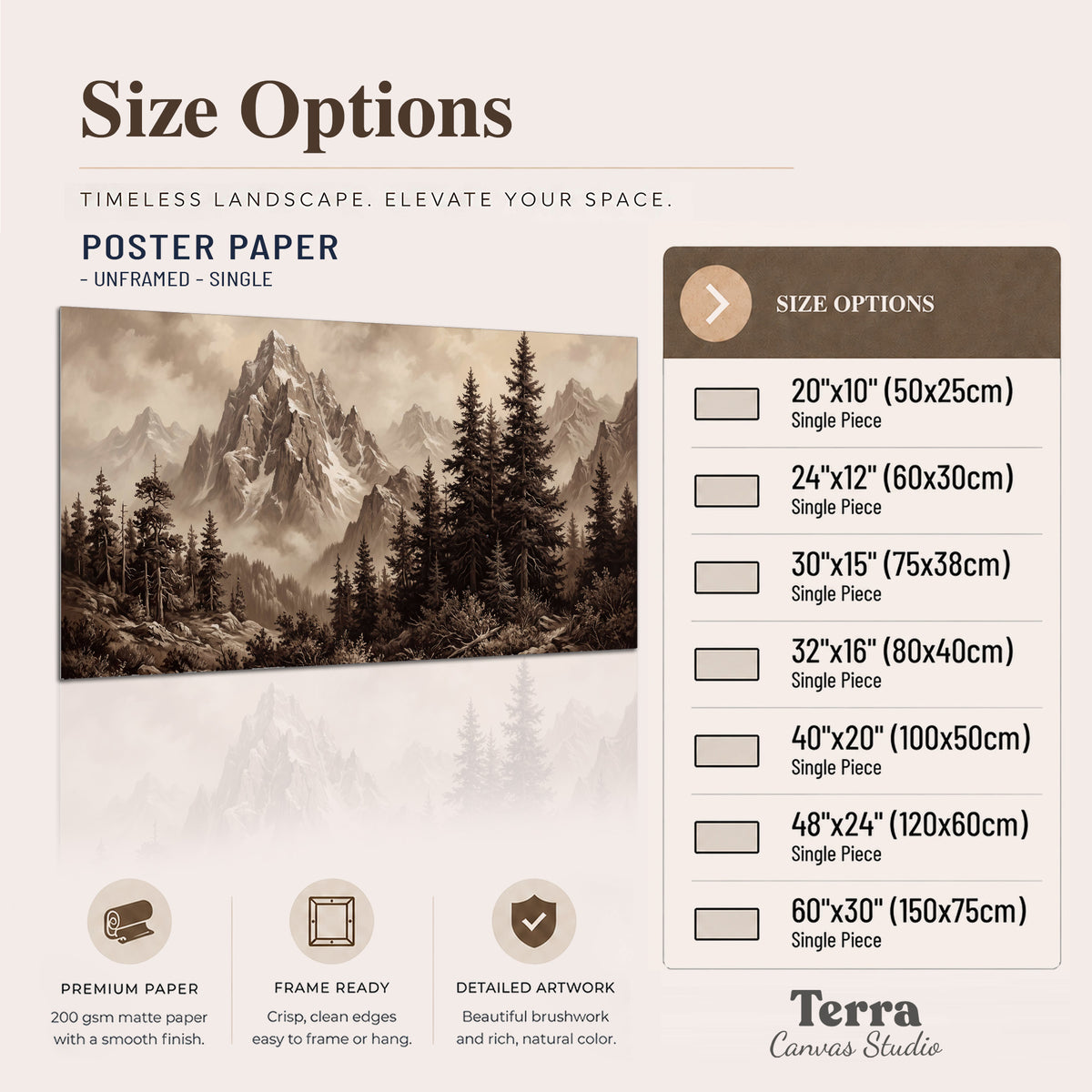Dramatic mountain peaks framed by evergreen trees single poster print available dimensions