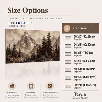 Dramatic mountain peaks framed by evergreen trees single poster print available dimensions