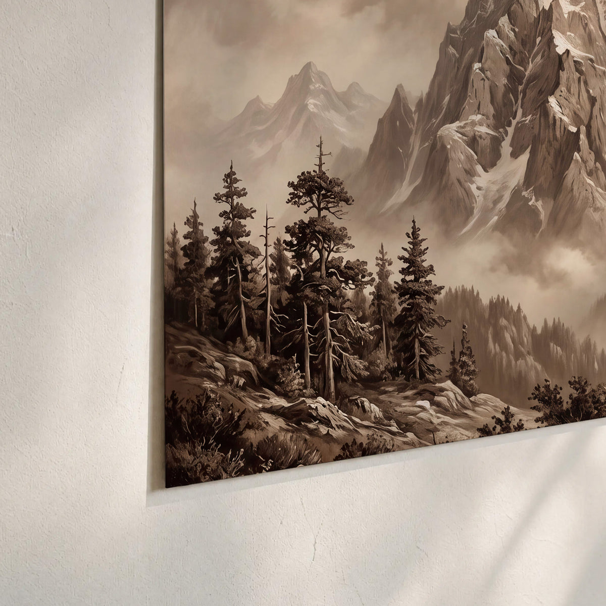 Dramatic mountain peaks framed by evergreen trees set of 3 poster prints material and edge close up