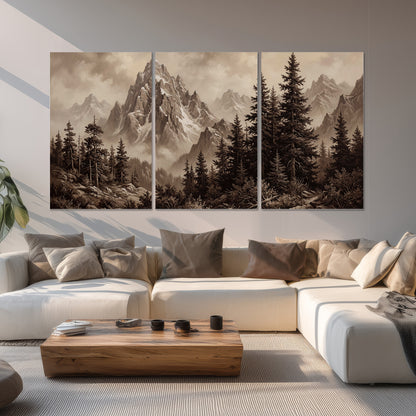 Dramatic mountain peaks framed by evergreen trees set of 3 poster prints displayed in a living room