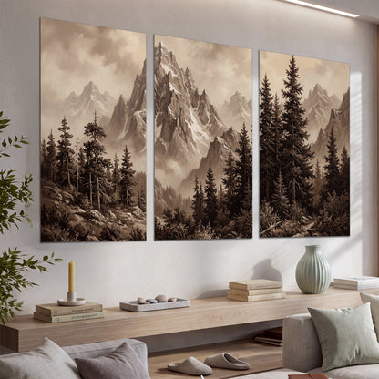 Dramatic mountain peaks framed by evergreen trees set of 3 poster prints displayed in a console