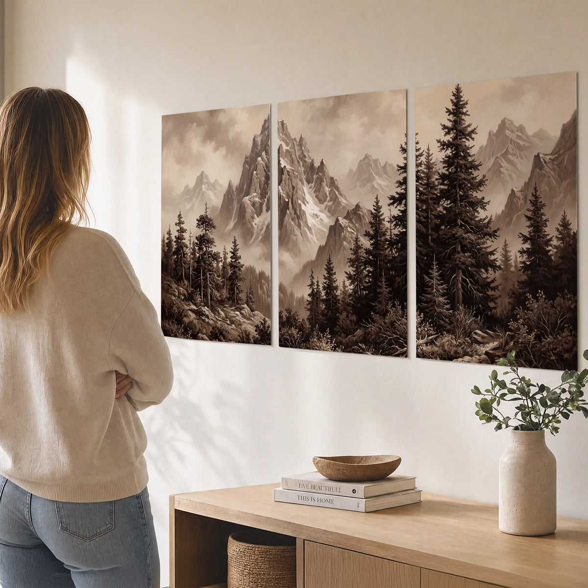 Dramatic mountain peaks framed by evergreen trees set of 3 poster prints three panel arrangement on a wall