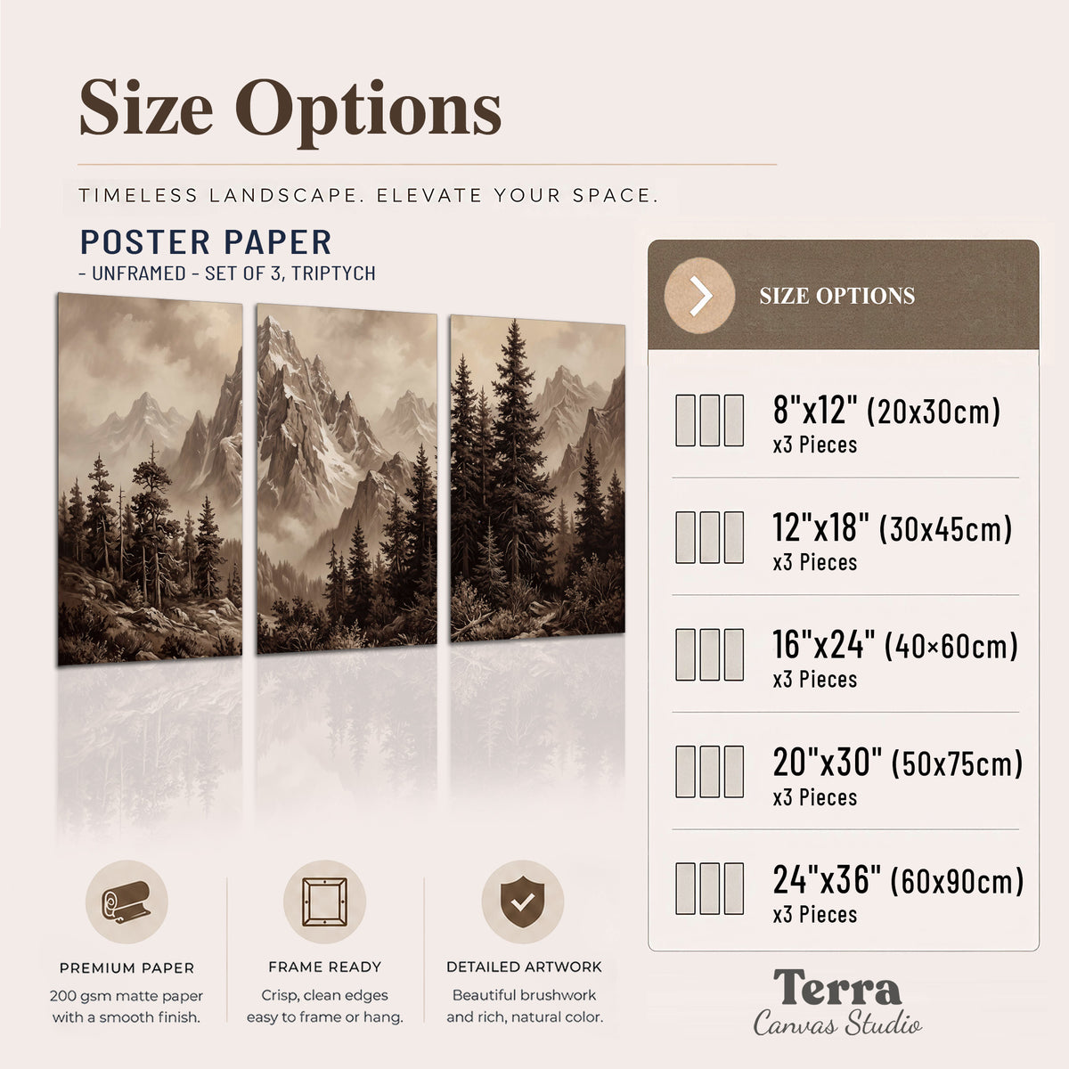 Dramatic mountain peaks framed by evergreen trees set of 3 poster prints available dimensions; triptych dimensions are per panel