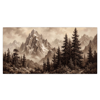 Dramatic mountain peaks framed by evergreen trees single canvas wall art viewed straight on