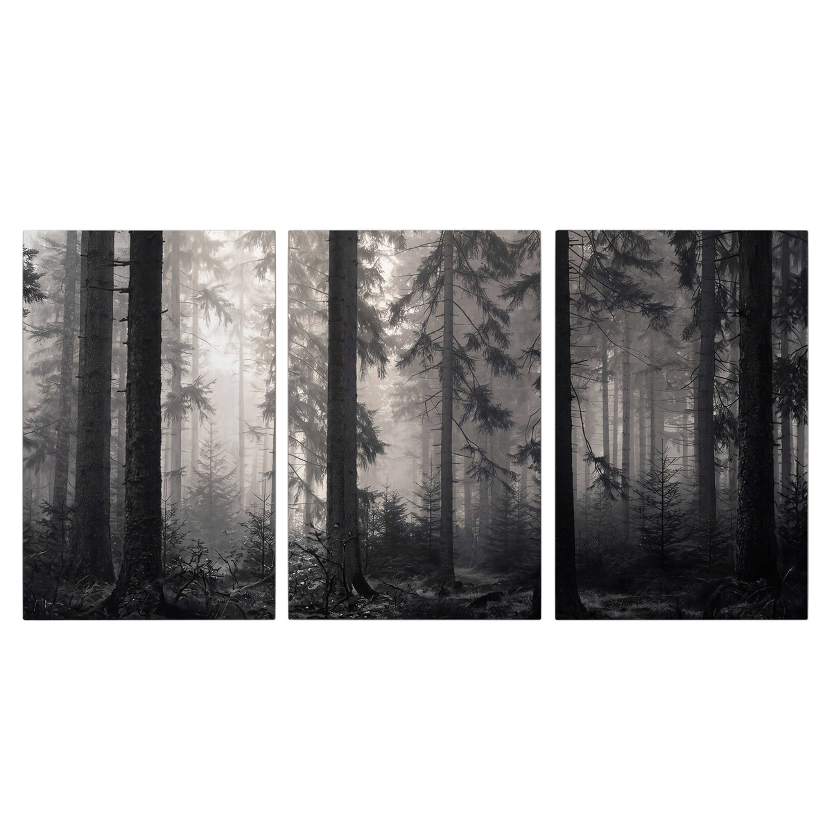 Tall woodland trees fading into pale mist 3 piece canvas wall art viewed straight on