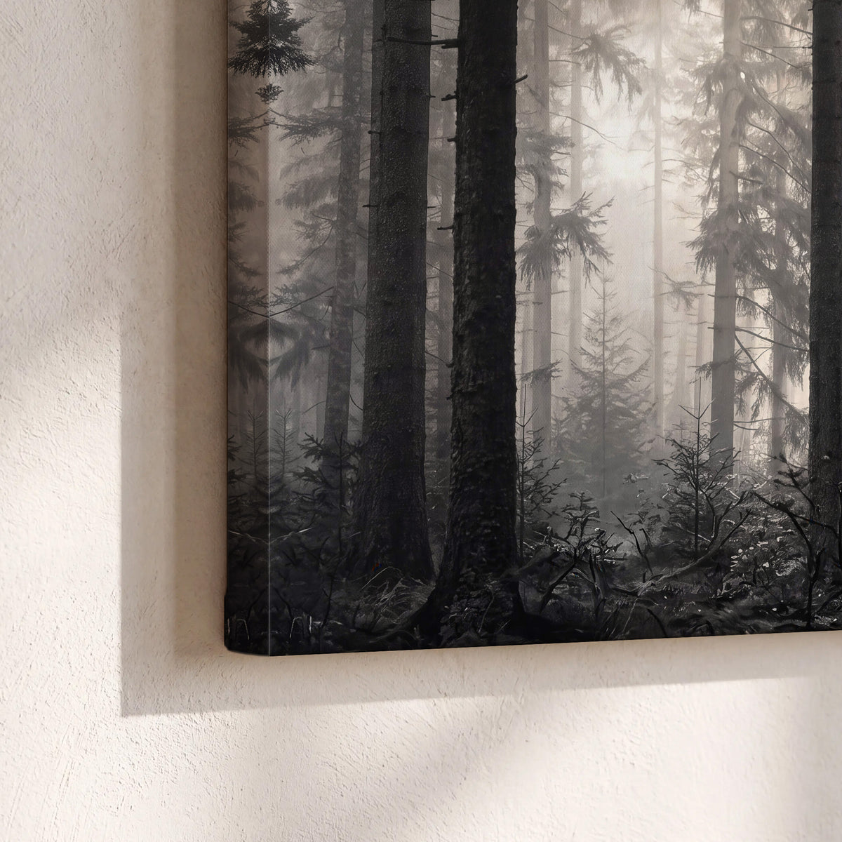Tall woodland trees fading into pale mist 3 piece canvas wall art material and edge close up