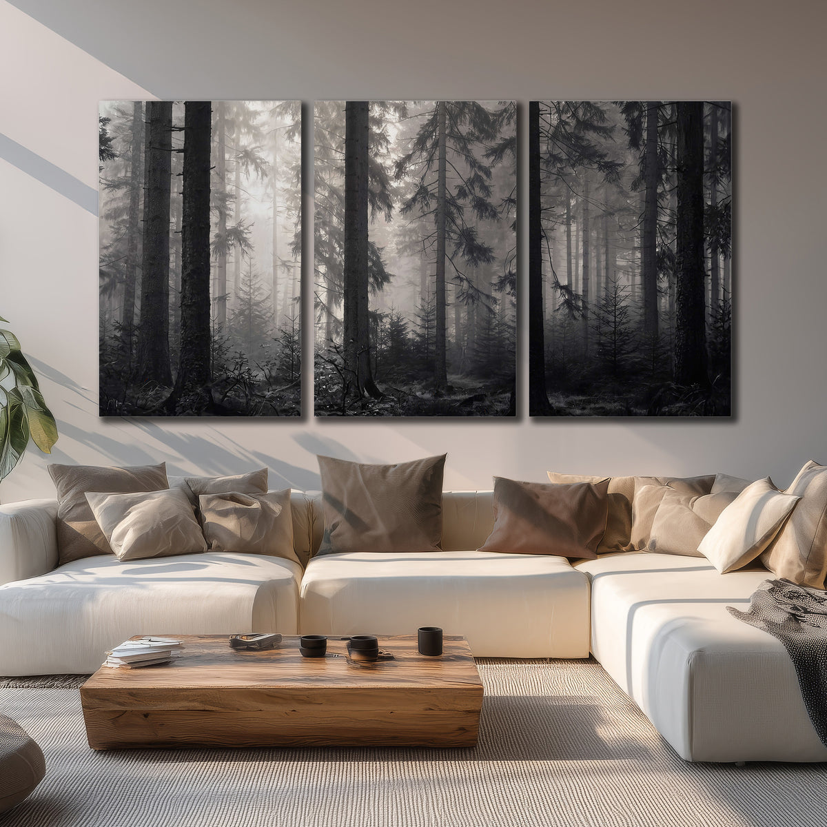 Tall woodland trees fading into pale mist 3 piece canvas wall art displayed in a living room