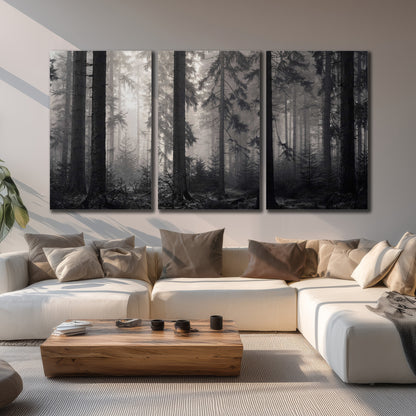 Tall woodland trees fading into pale mist 3 piece canvas wall art displayed in a living room
