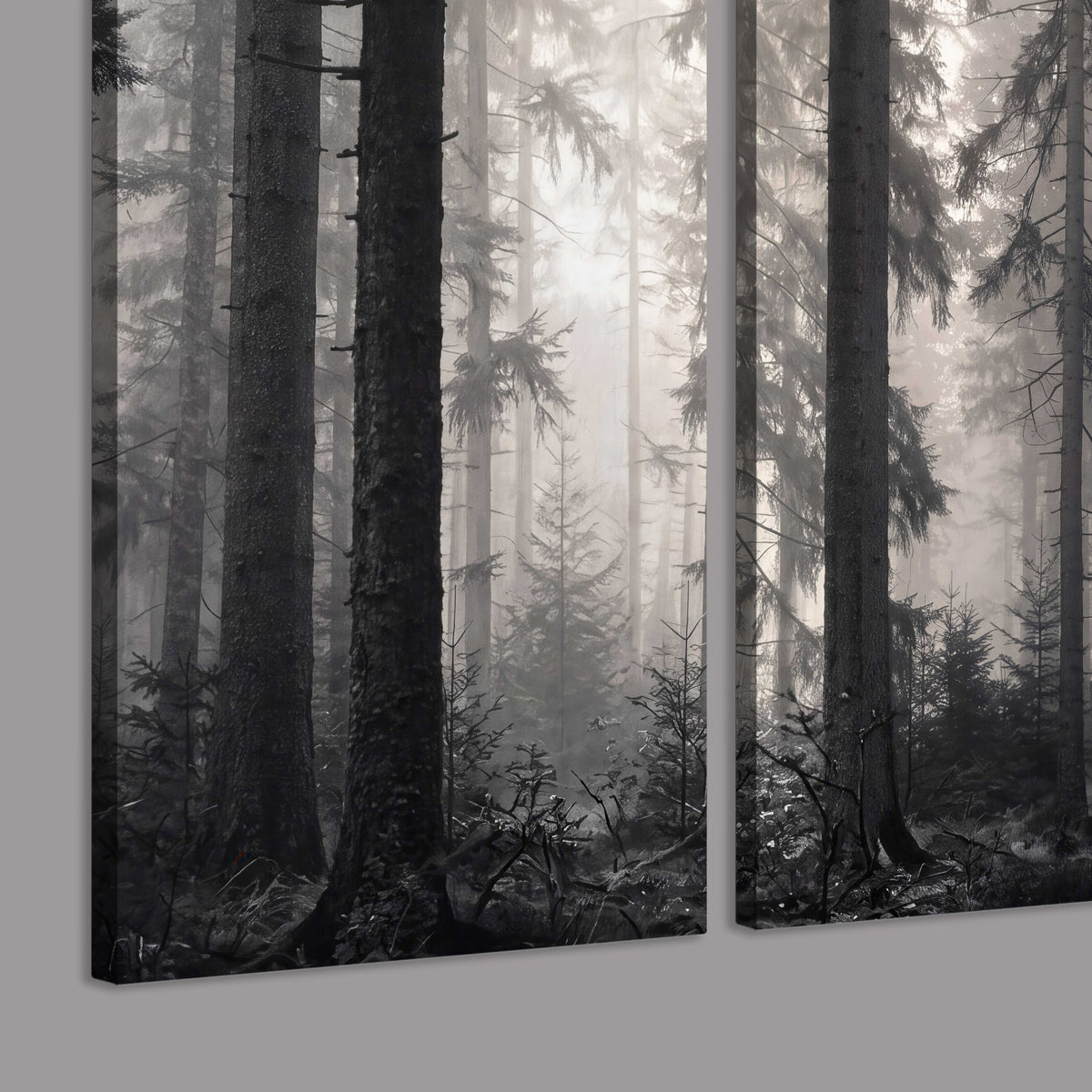Tall woodland trees fading into pale mist 3 piece canvas wall art room and product view