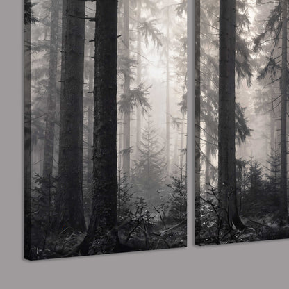 Tall woodland trees fading into pale mist 3 piece canvas wall art room and product view