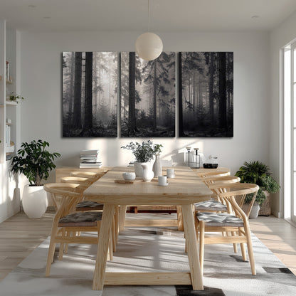 Tall woodland trees fading into pale mist 3 piece canvas wall art room and product view