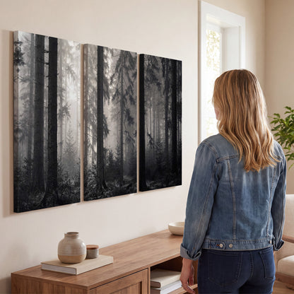 Tall woodland trees fading into pale mist 3 piece canvas wall art three panel arrangement on a wall