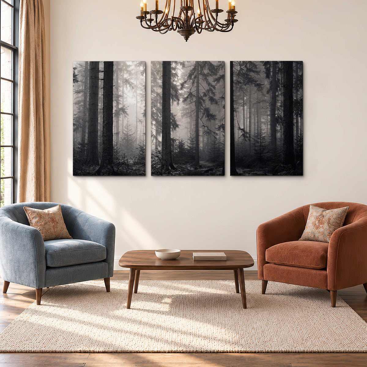 Tall woodland trees fading into pale mist 3 piece canvas wall art styled in an interior