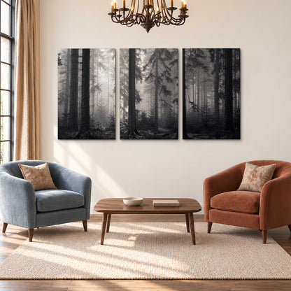 Tall woodland trees fading into pale mist 3 piece canvas wall art styled in an interior