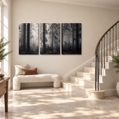 Tall woodland trees fading into pale mist 3 piece canvas wall art styled in an interior