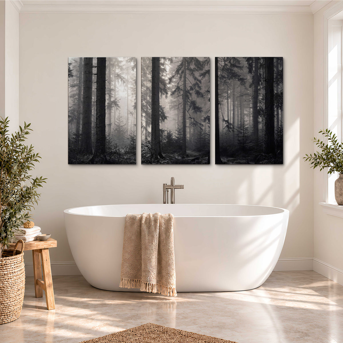 Tall woodland trees fading into pale mist 3 piece canvas wall art styled in an interior