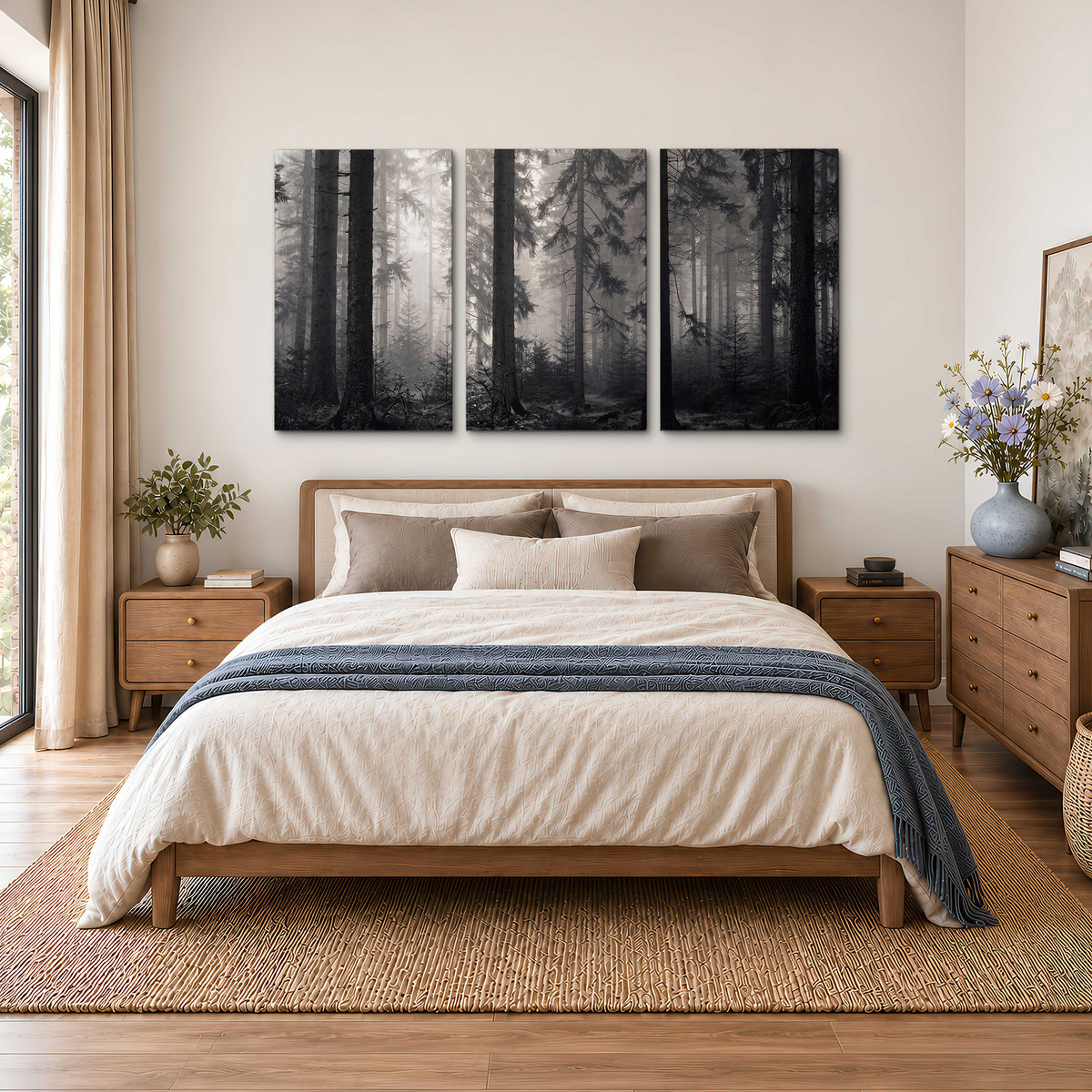 Tall woodland trees fading into pale mist 3 piece canvas wall art styled in an interior