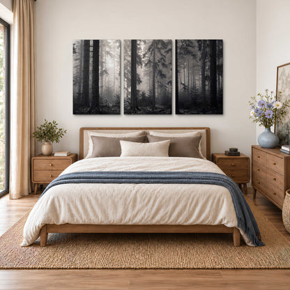 Tall woodland trees fading into pale mist 3 piece canvas wall art styled in an interior