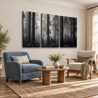 Tall woodland trees fading into pale mist 3 piece canvas wall art styled in an interior