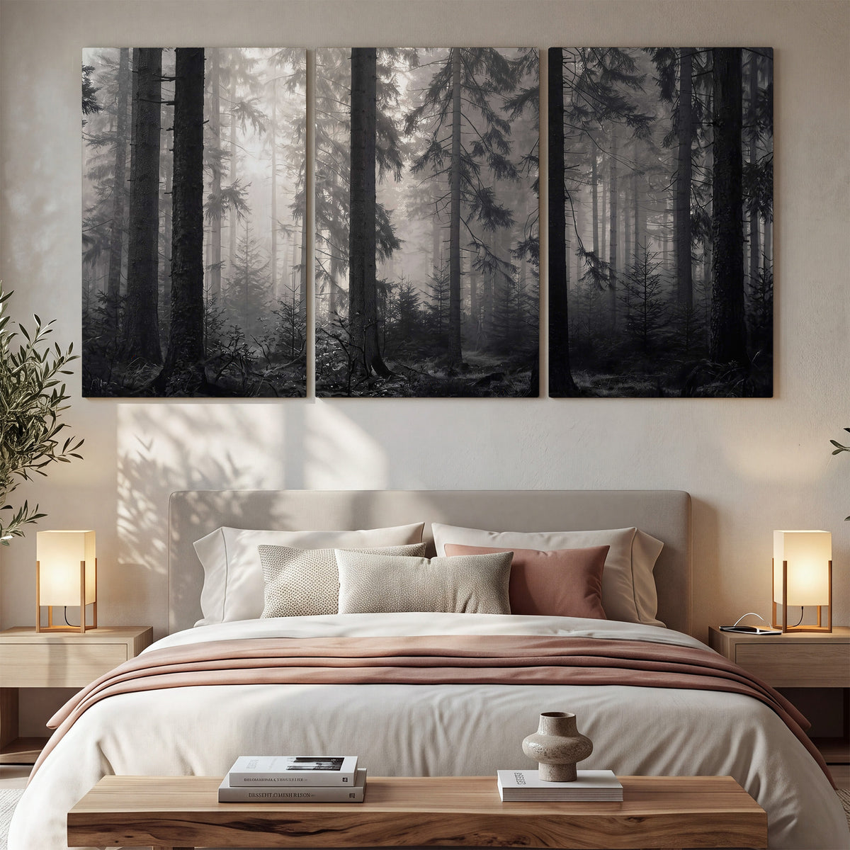 Tall woodland trees fading into pale mist 3 piece canvas wall art displayed in a bedroom