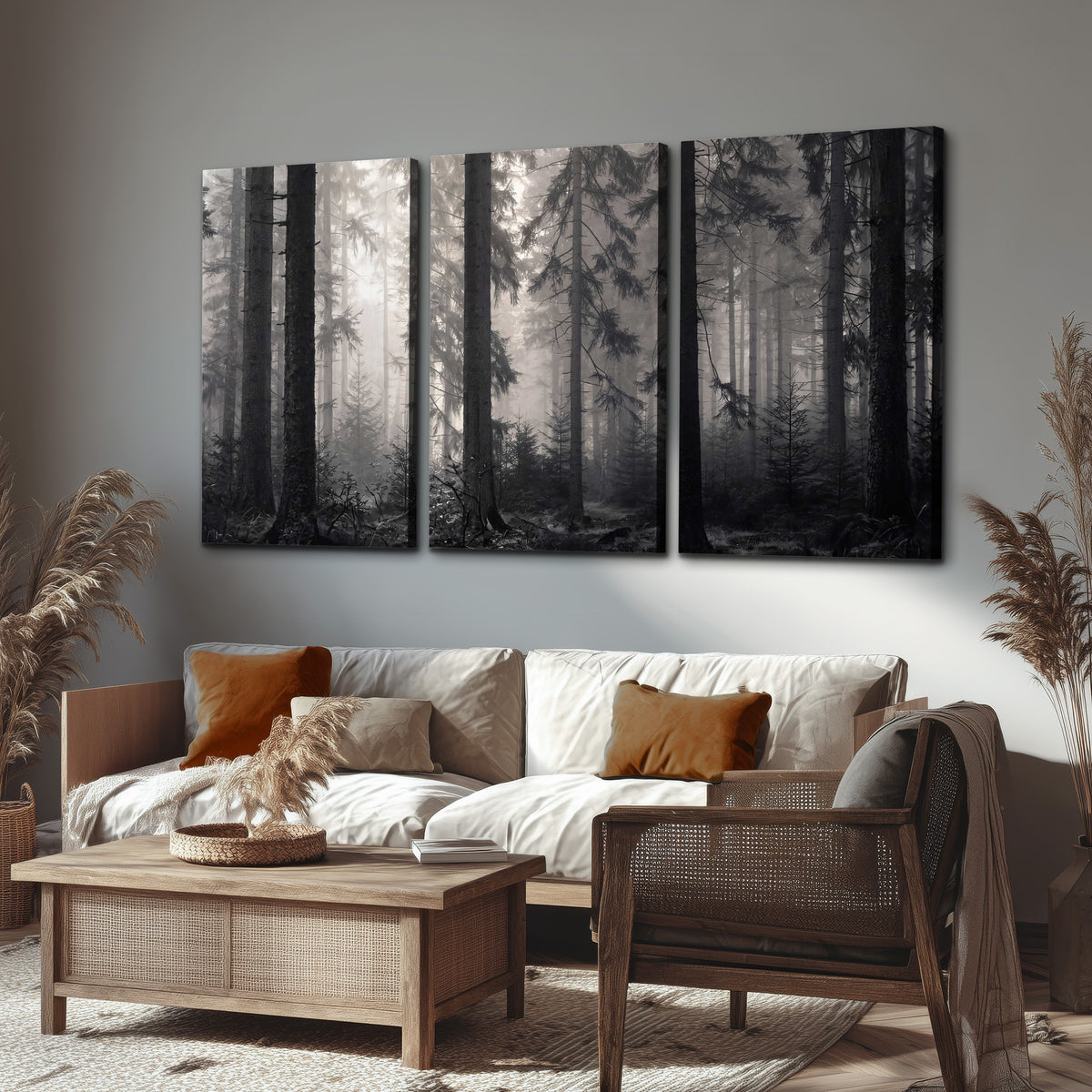 Tall woodland trees fading into pale mist 3 piece canvas wall art displayed in a rustic living room