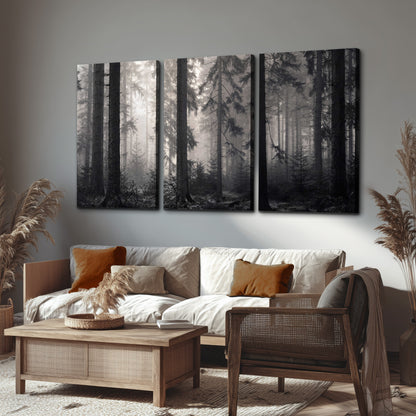 Tall woodland trees fading into pale mist 3 piece canvas wall art displayed in a rustic living room