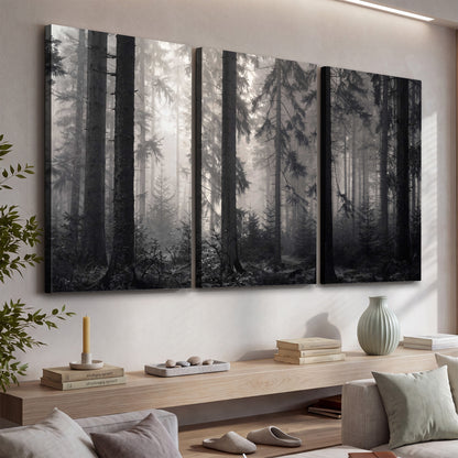Tall woodland trees fading into pale mist 3 piece canvas wall art displayed in a console