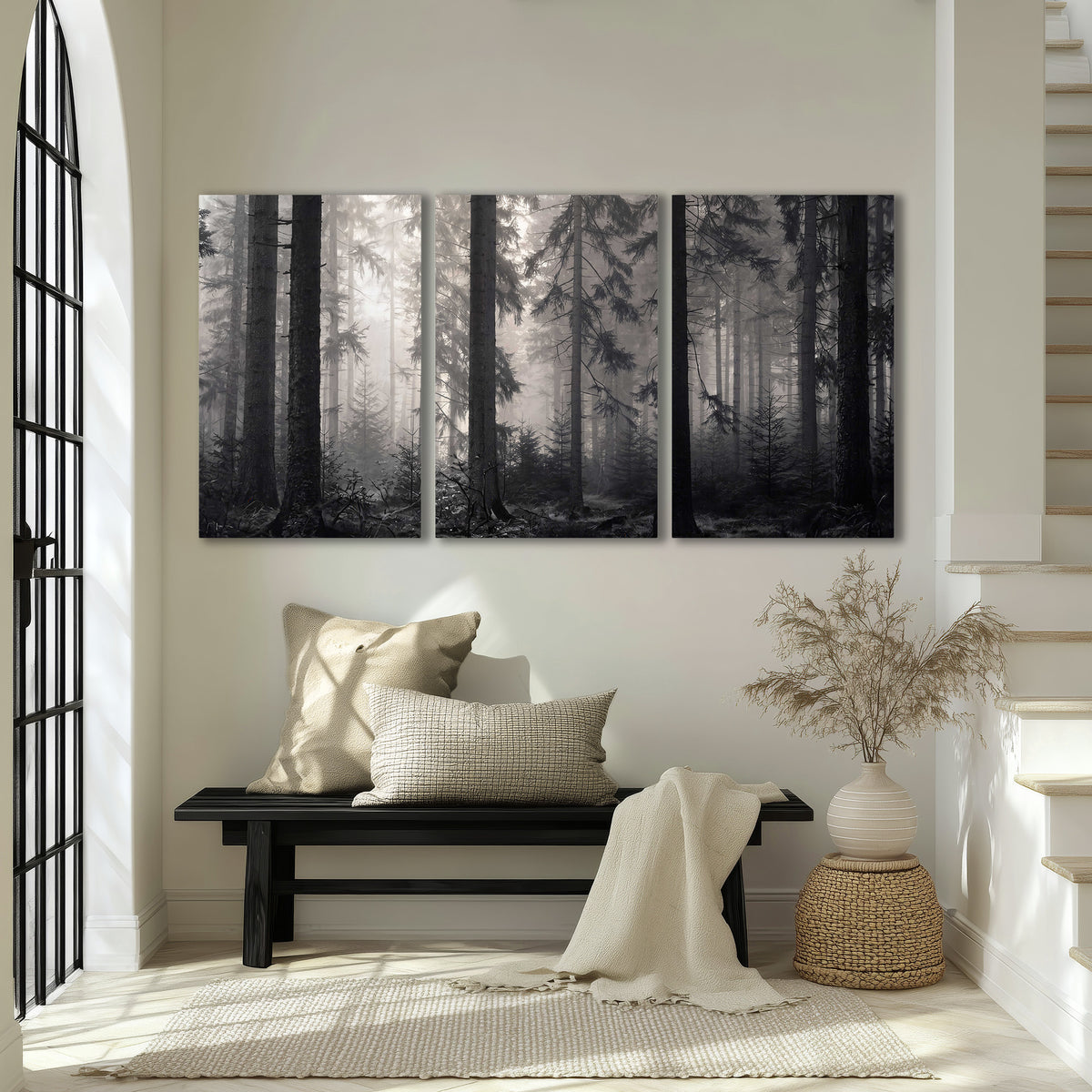 Tall woodland trees fading into pale mist 3 piece canvas wall art displayed in a entryway