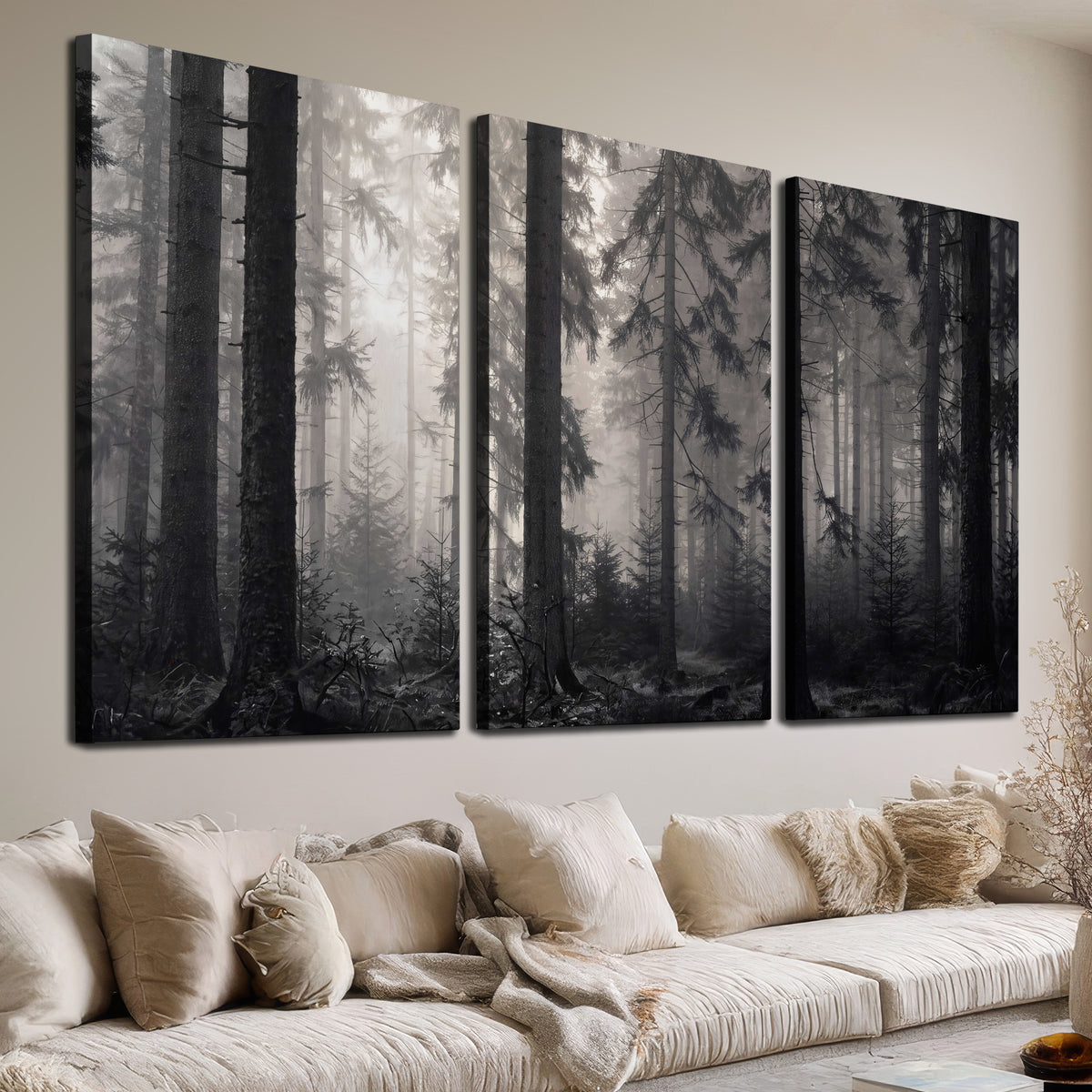 Tall woodland trees fading into pale mist 3 piece canvas wall art room and product view