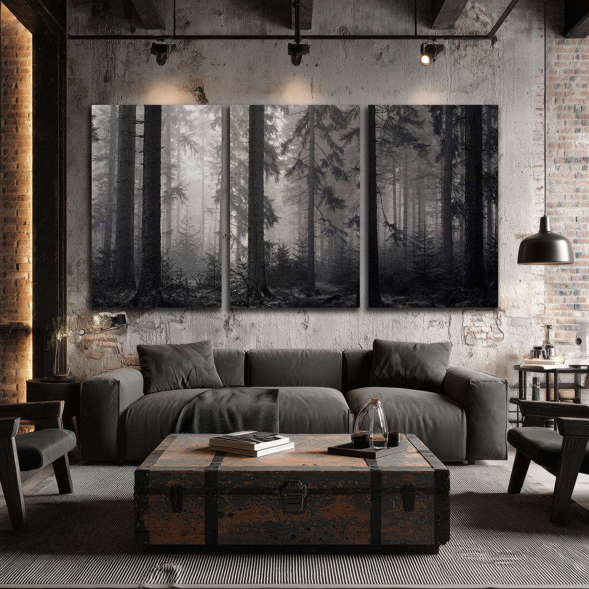 Tall woodland trees fading into pale mist 3 piece canvas wall art displayed in a industrial room