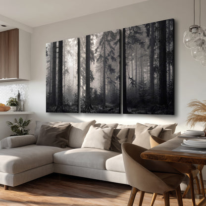 Tall woodland trees fading into pale mist 3 piece canvas wall art room and product view
