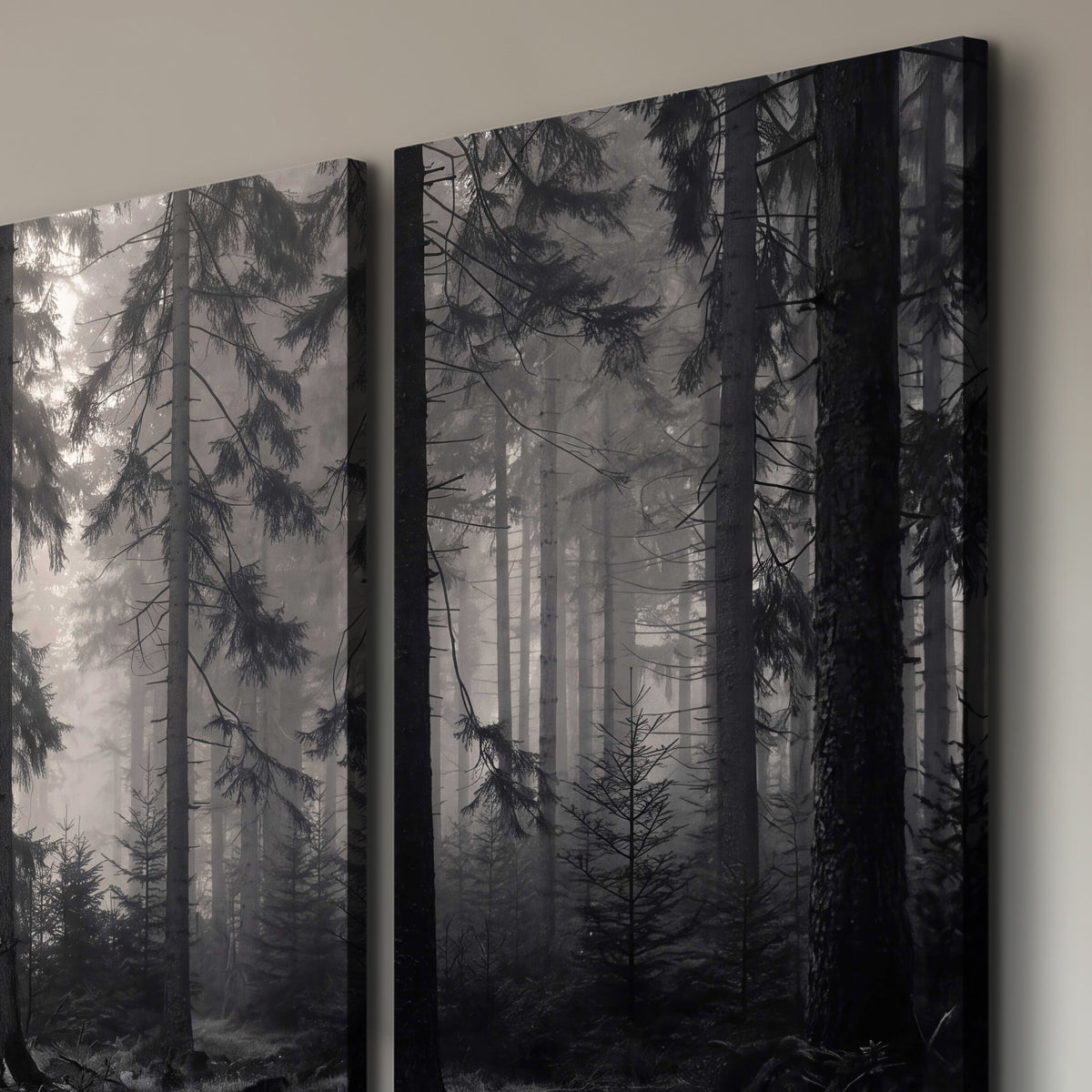 Tall woodland trees fading into pale mist 3 piece canvas wall art room and product view