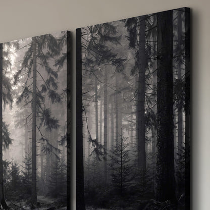 Tall woodland trees fading into pale mist 3 piece canvas wall art room and product view