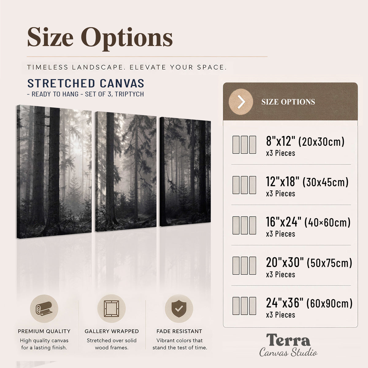 Tall woodland trees fading into pale mist 3 piece canvas wall art available dimensions; triptych dimensions are per panel