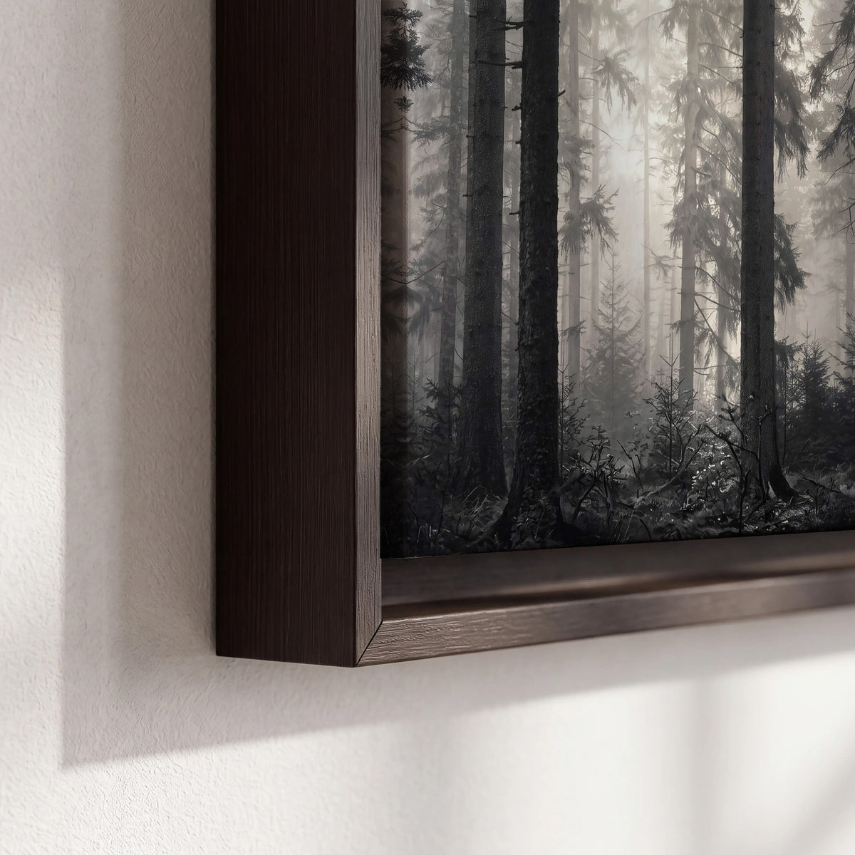Tall woodland trees fading into pale mist 3 piece framed canvas wall art material and edge close up